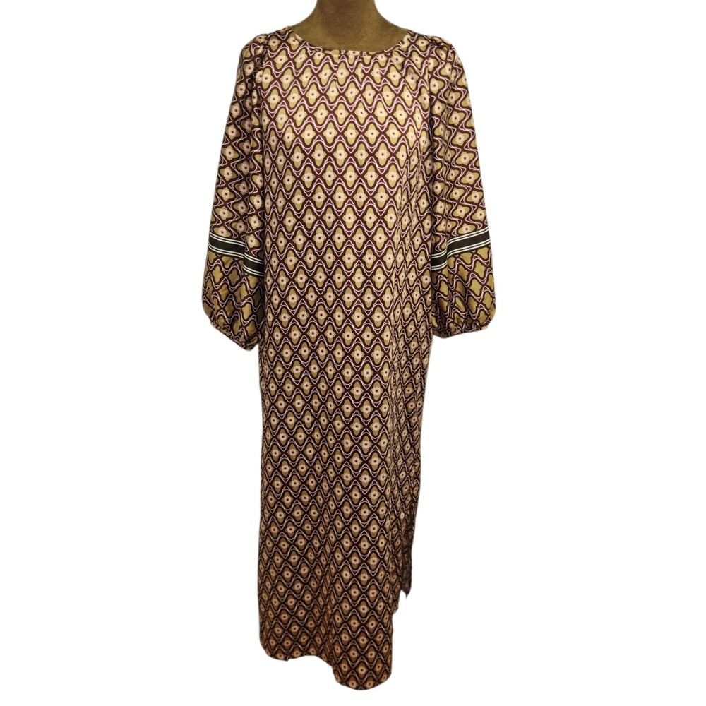 LOFT Maxi Dress Size M Retro Print Puff Sleeve Fall Satin Lightweight Women's